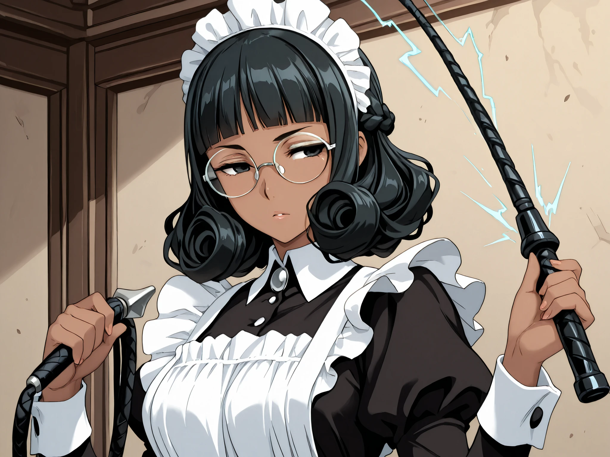 1 girl, solo,beautiful girl,adult,18 years old,black eyes,narrow eyes,black hair,masterpiece,general,highres, ultra-detailed,very aesthetic,best quality,best hands,best eyes,perfect anatomy,anime coloring,easynegative,dark skin,BREAK,Victorian Maid,sel-frame glasses,round glasses,curly hair,crown braid,blunt bangs,holding,whip,electric mechanical whip,thunder whip,whipping you,electric shock, discharge,battle,action,enemy robots,