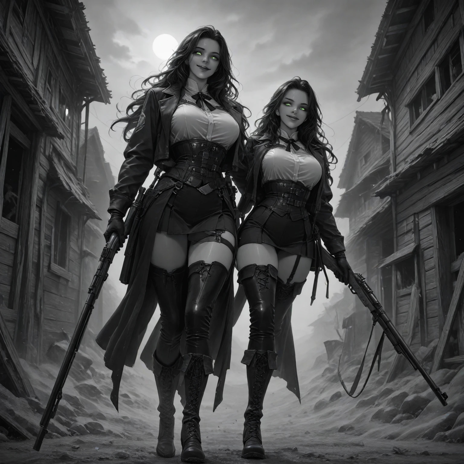 2girls, female assassin, miniskirt, black hair, full body shot, lesbian, romance, clyde caldwell