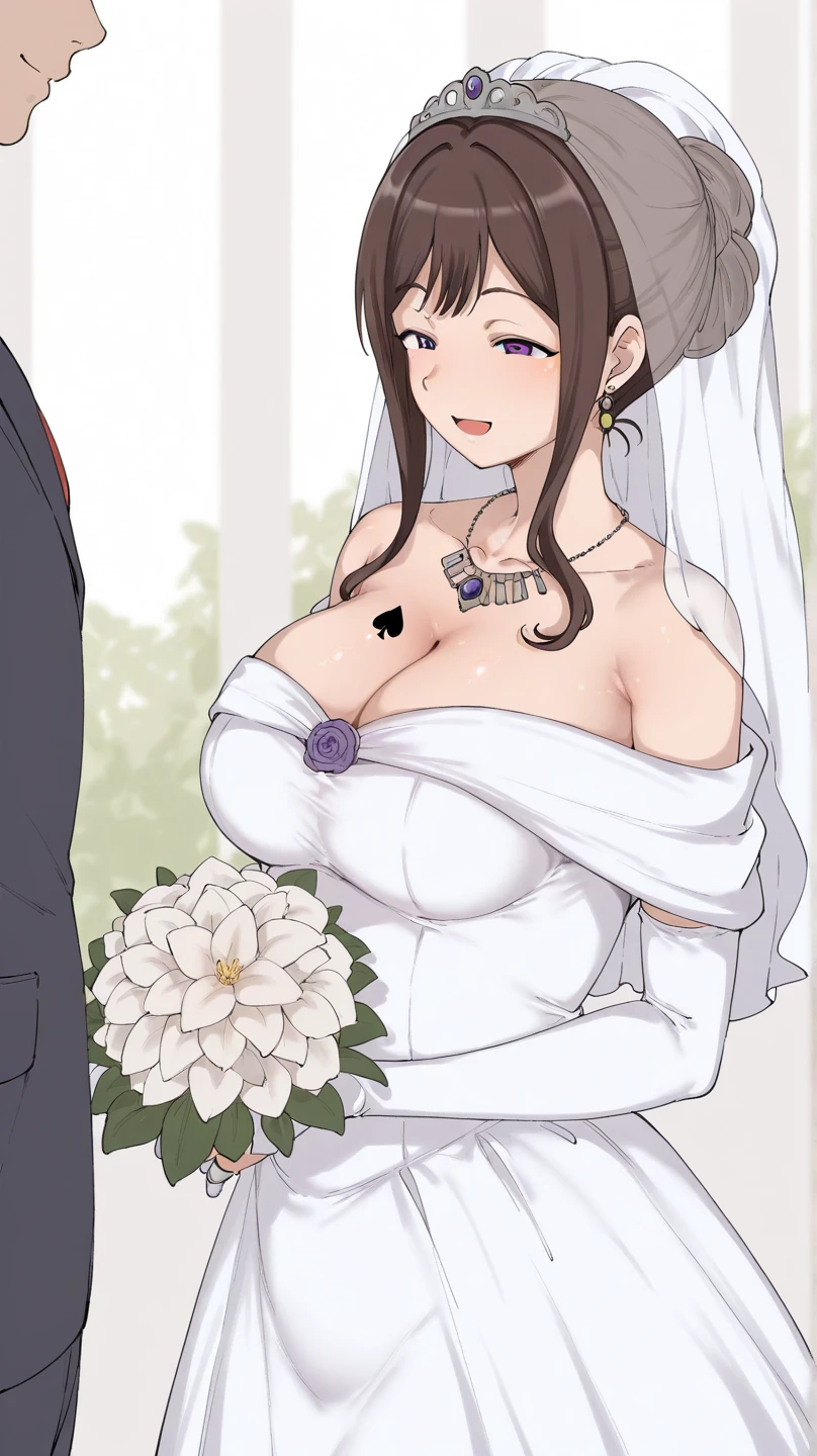 Score_9, score_8_up, score_7_up, score_6_up, score_5_up, score_4_up, source_anime, 1girl, solo, blush, smile, open mouth, long eyelashes, mascara, forehead, parted bangs, black hair, single braid, purple eyes, looking at viewer, white dress, wedding dress, puffy sleeves, elbow gloves, lace, huge breast, cleavage, tiara, jewelry, earrings, necklace, shiny glossy skin, detailed eyes, (floral background), flower, black background