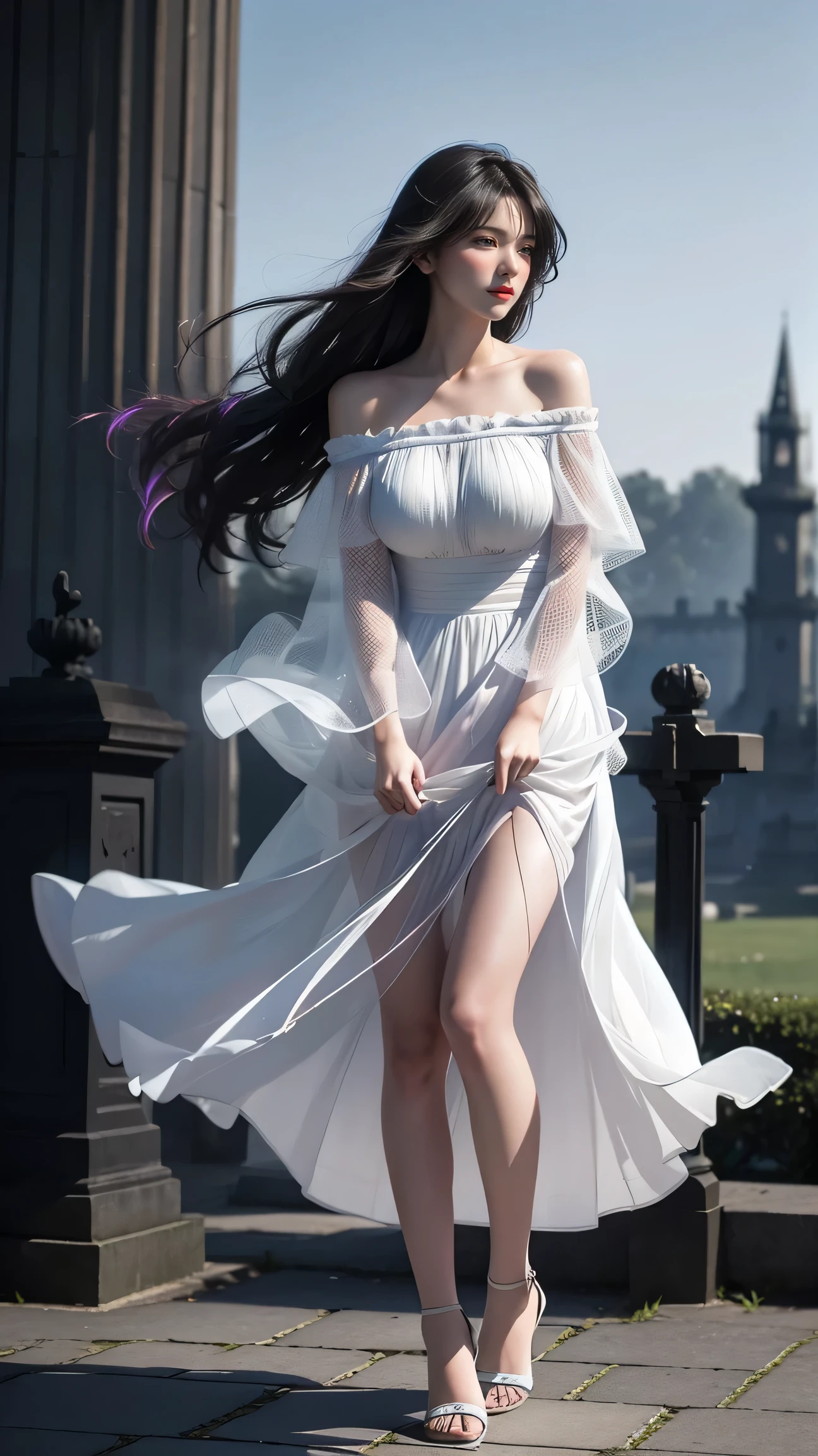 ((Girl standing in front of the wall of an old castle))、Fluorescent color、1 girl、Looking to the side、Beautiful face、Beautiful eyes、(Off the shoulder:1.2)、Upper Body、Shiny Hair、Glowing Skin、 Reduce glare、The proportions of the fingers have been adjusted、Escrow、ass pov、Dynamic Angle、(((Master part)))、(((highest quality)))、(((Super-detailed))) detailed)、(An illustration)、(Detailed light)、(Very delicate and beautiful)、Dramatic_Shadow、Ray_Tracking、reflection、 Ultra-high resolution、((A girl with colorful hair and mesh in her black hair))、 Her hair flutters in the wind、(Large deep blue eyes)、Black Haired Woman、 Sparkling Butterfly、Black-haired woman、Points of light around the woman、Magical Aura、Green dot、Aura About Natural、超Magical AuraBlack-haired woman,((White off-the-shoulder semi-transparent white dress:1.3))、(No sleeve)、((My skirt is flying up in the wind)),((An old European castle is hazy in the distance)),((White panties are visible)),