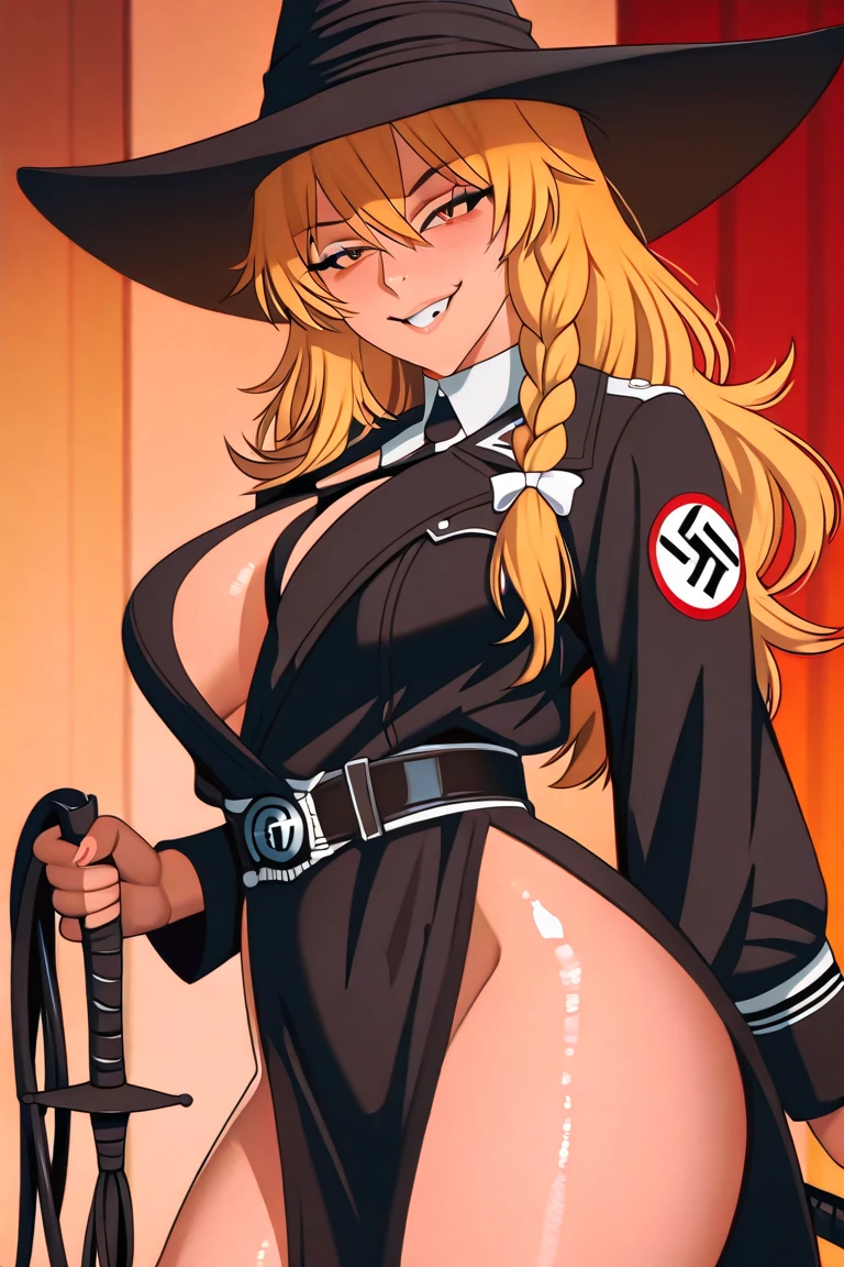 (masterpiece:1.2, best quality:1.2, beautiful, high quality, highres:1.1, aesthetic), detailed, extremely detailed, ambient soft lighting, 4K, perfect eyes, perfect face, perfect lighting, 1girl, solo, Tanya von Degurechaff, huge ass, huge breasts, huge thighs, narrow waist, wide hips, thick thighs, curvy, ponytail, ,tongue sticking out, eyes rolled back, hands making the peace sign, legs spread, cow bikini, cow leggings, topless, leaking milk, military hat, pasties, red pendant,
