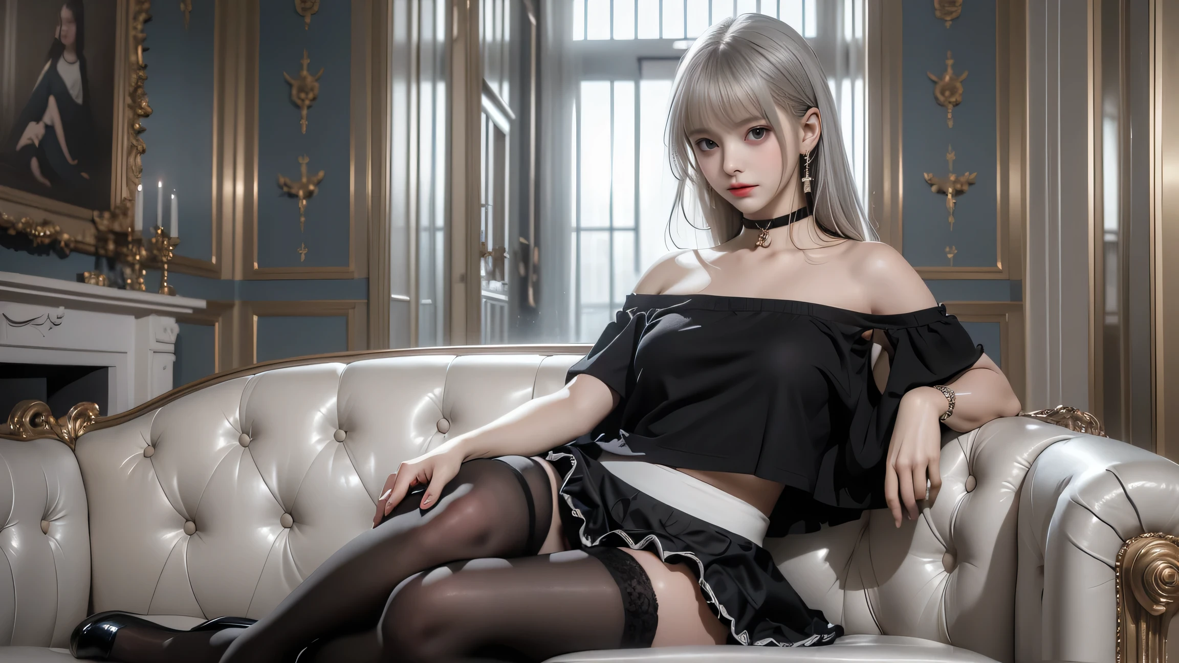 Lying woman, luxury liner, sea, first class, night, exquisite decoration, earrings, full body v6, short gray hair, uniform, clothing pattern, visible, superlative, ultra high definition, raw photo, realism: 1.25), (bright lip gloss, long eyelashes, smooth face, shiny skin, natural shadow, wide light, wide light, depth of field, intense color, subtle caustics: 0.8), smile, (big), V6,