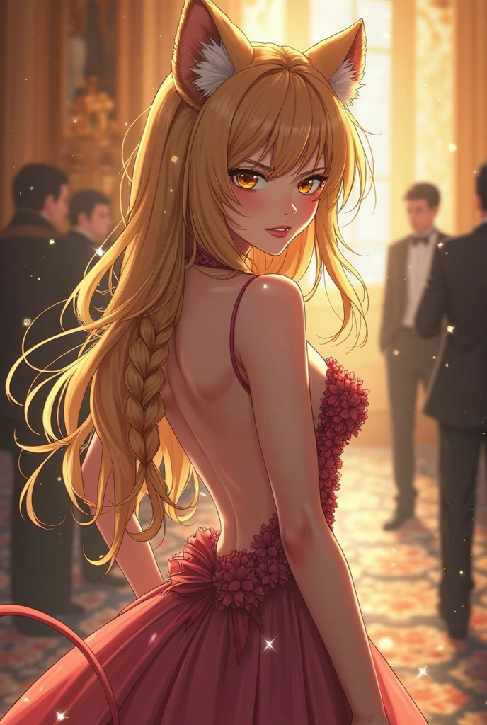 Anime Hair:A ponytail Eyes: light blue Hair color: yellow with brown CLOTHING: dresses and boots Color of clothes: red dress and black boots Accessories:a simple necklace Age:30 years Place:A party