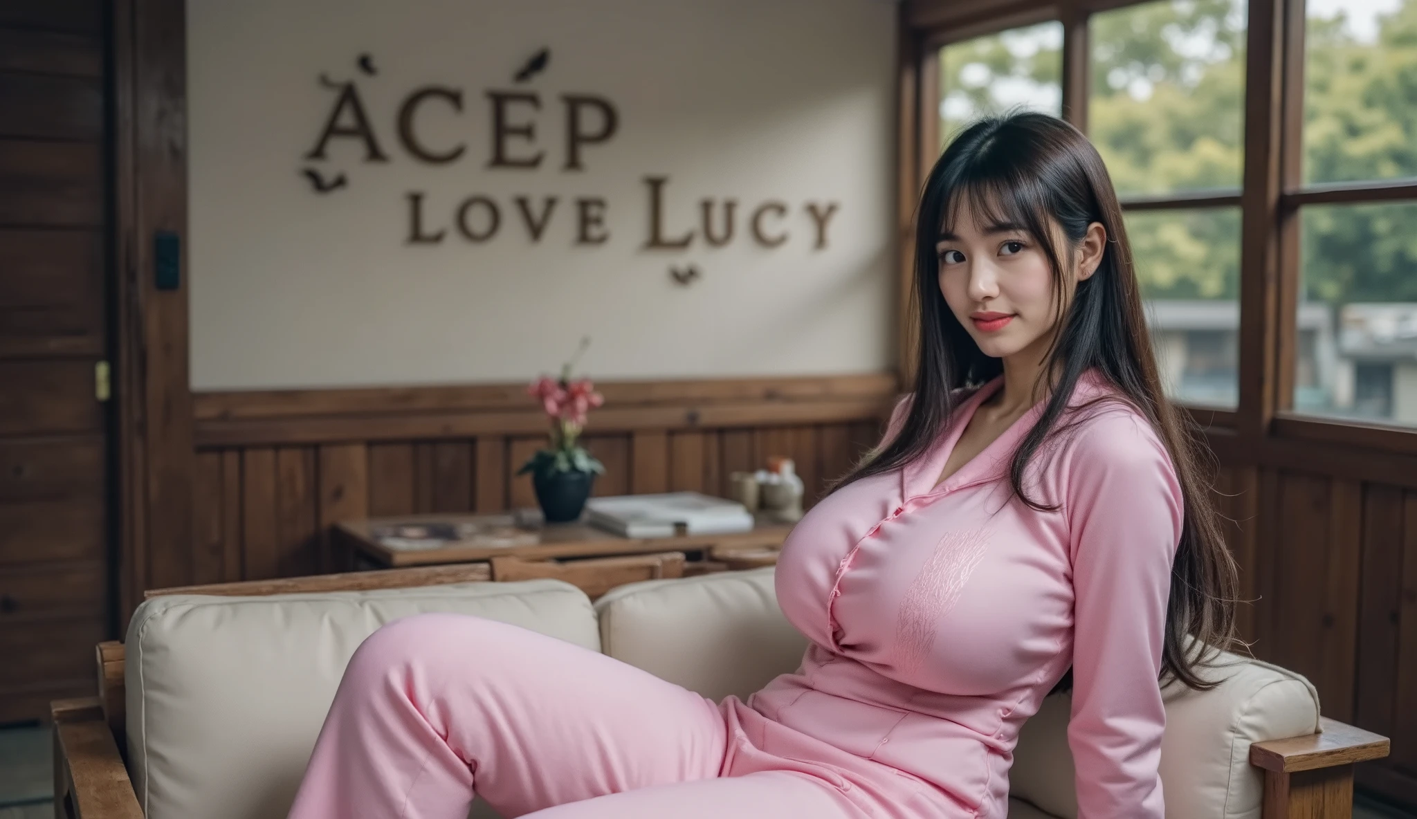 A beautiful Japanese woman with long straight black hair and bangs, wearing long pink pajamas, is sitting gracefully on a sofa inside a traditional Japanese house. The walls of the house are made of wood, with the inscription 'ACEP LOVE LUCY' elegantly sculpted in the wood texture behind her. Suasana hangat, romantis, dan tenang.