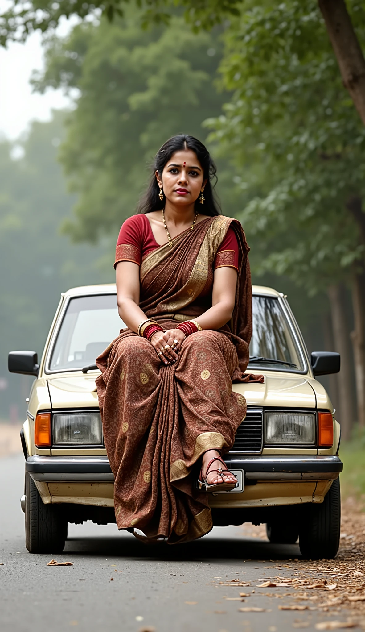 Slaveless saree big arms and side pose A confident, traditionally dressed a Giant Big Tall and Indian woman wearing a brown printed saree with a maroon blouse sits calmly on the bonnet of an old beige car. She is adorned with red bangles, gold rings, and traditional jewelry. The car’s front tire appears visibly flattened under her weight, subtly suggesting the impact. The setting is a quiet roadside with trees and greenery in the background, creating a contrast between the serene environment and the humorous tension of the scene. Late afternoon natural light, candid street-style composition. 