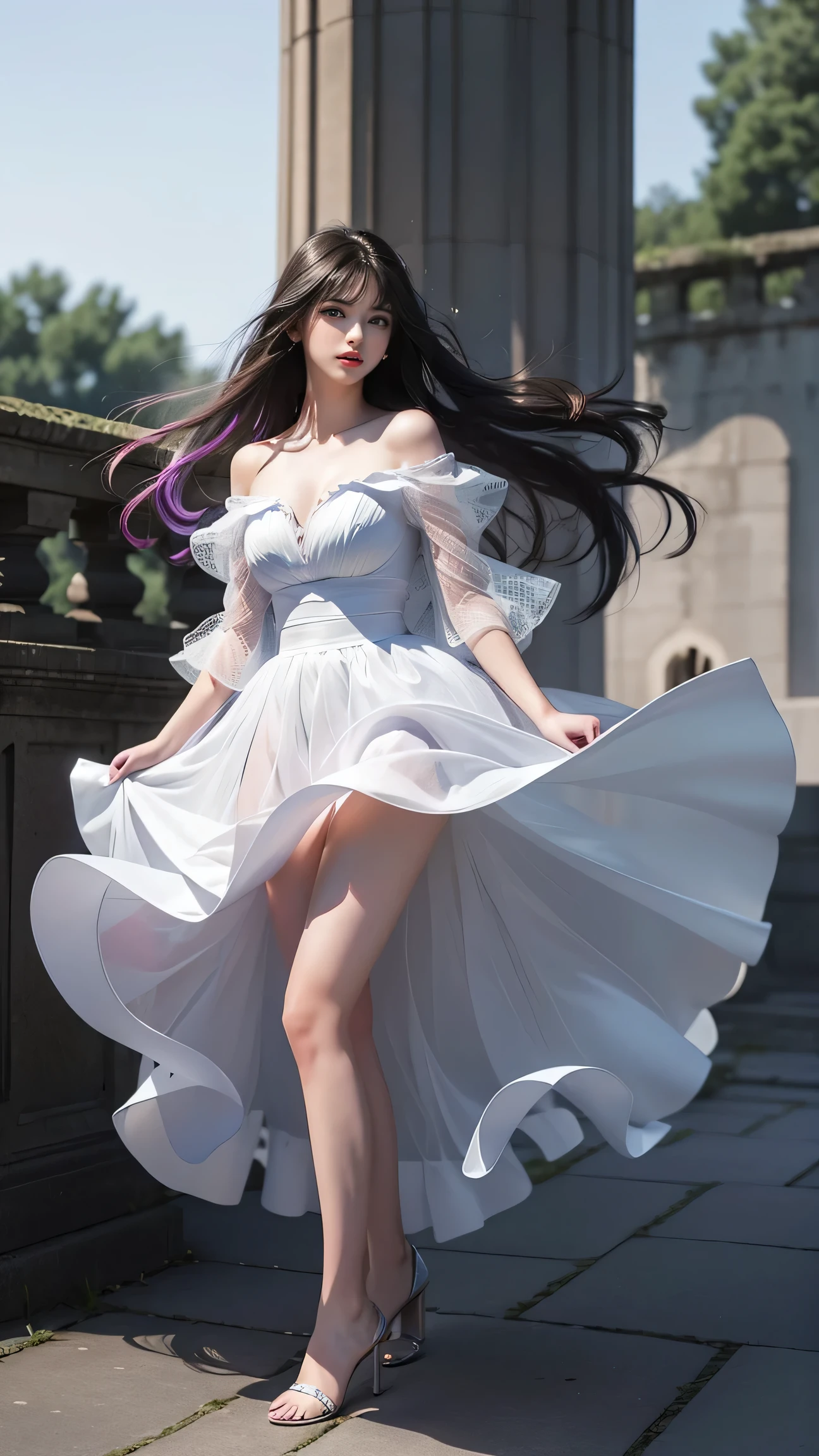 Special clothes58,white dress,pantyhose,green ribbon,striped, best quality, masterpiece, 1 girl, beautiful face, (照片lifelike:1.3), edge lighting, (High detail skin:1.2), 8K UHD, digital SLR camera, high quality, high resolution, 4k, 8k, Bokeh, absurderes, Optimal proportions of four fingers and one thumb, (lifelike:1.3), Cute 1girl, slim toned body, slender leg, A plump chest