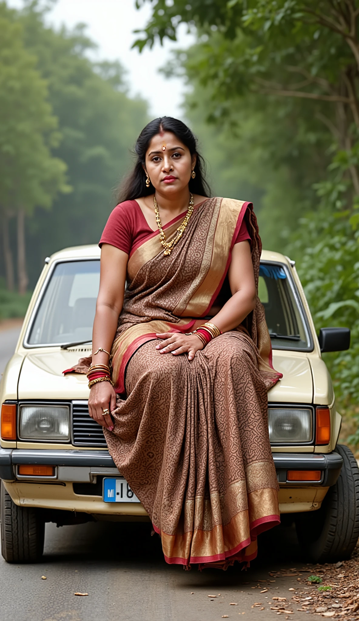 Slaveless saree big arms and side pose A confident, traditionally dressed a Giant Big Tall and Indian woman wearing a brown printed saree with a maroon blouse sits calmly on the bonnet of an old beige car. She is adorned with red bangles, gold rings, and traditional jewelry. The car’s front tire appears visibly flattened under her weight, subtly suggesting the impact. The setting is a quiet roadside with trees and greenery in the background, creating a contrast between the serene environment and the humorous tension of the scene. Late afternoon natural light, candid street-style composition.