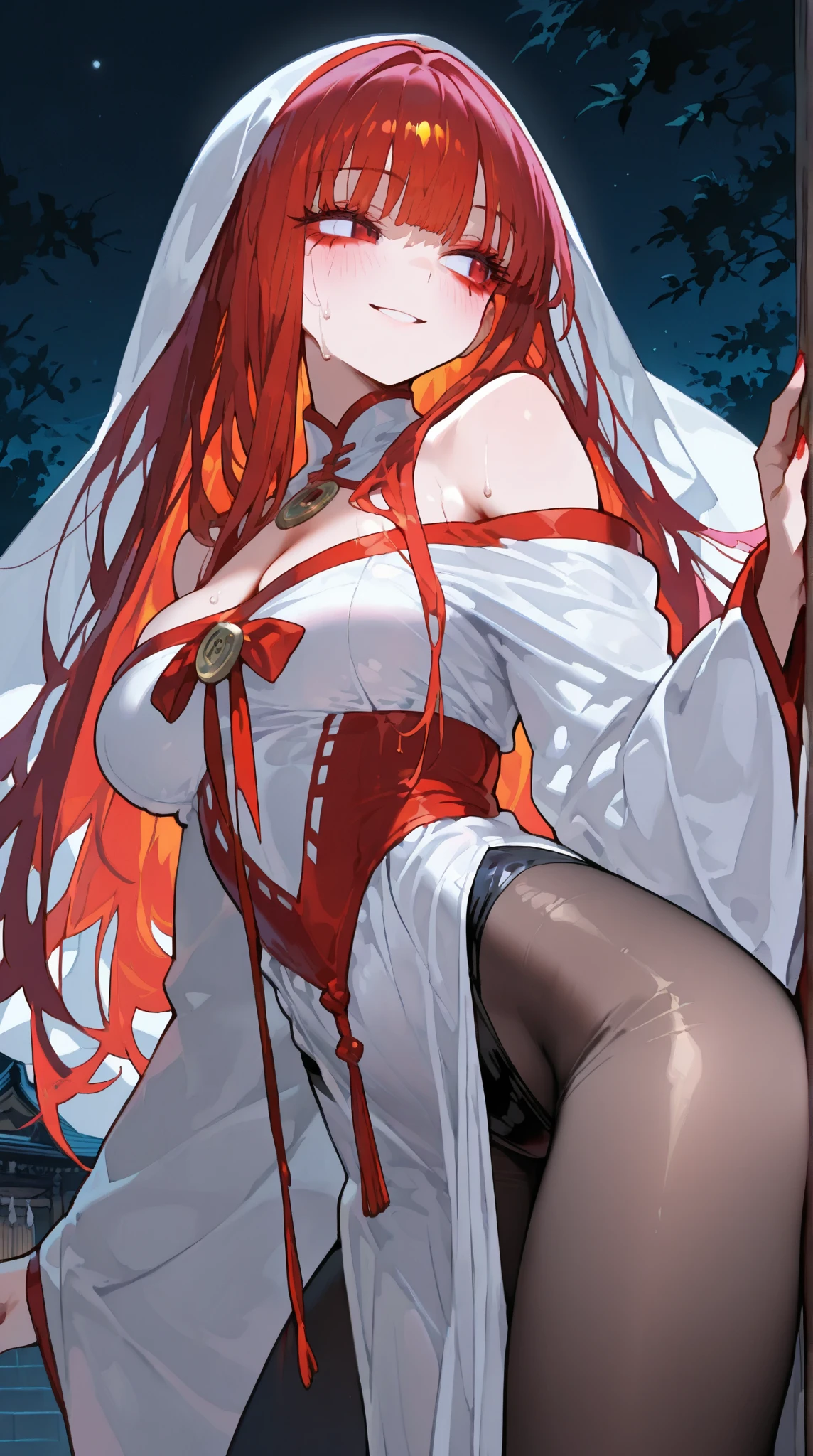 ((masterpiece, high resolution, best quality, best details, anime)), a lonely woman standing dressed as an oriental princess, ((platform high heels)), japanese clothes, long hair, red hair, blue eyes with black outline, curvy body, full body, large neckline, large breasts, wide hips, (((white background, white landscape))), ((shadow)), standing, solo, japanese accessories, japanese jewelry, sexy long loose kimono, kimono, long kimono, ((kimono with long train to the floor)), miku nakano, long hair, blue eyes, brown hair, hair between eyes