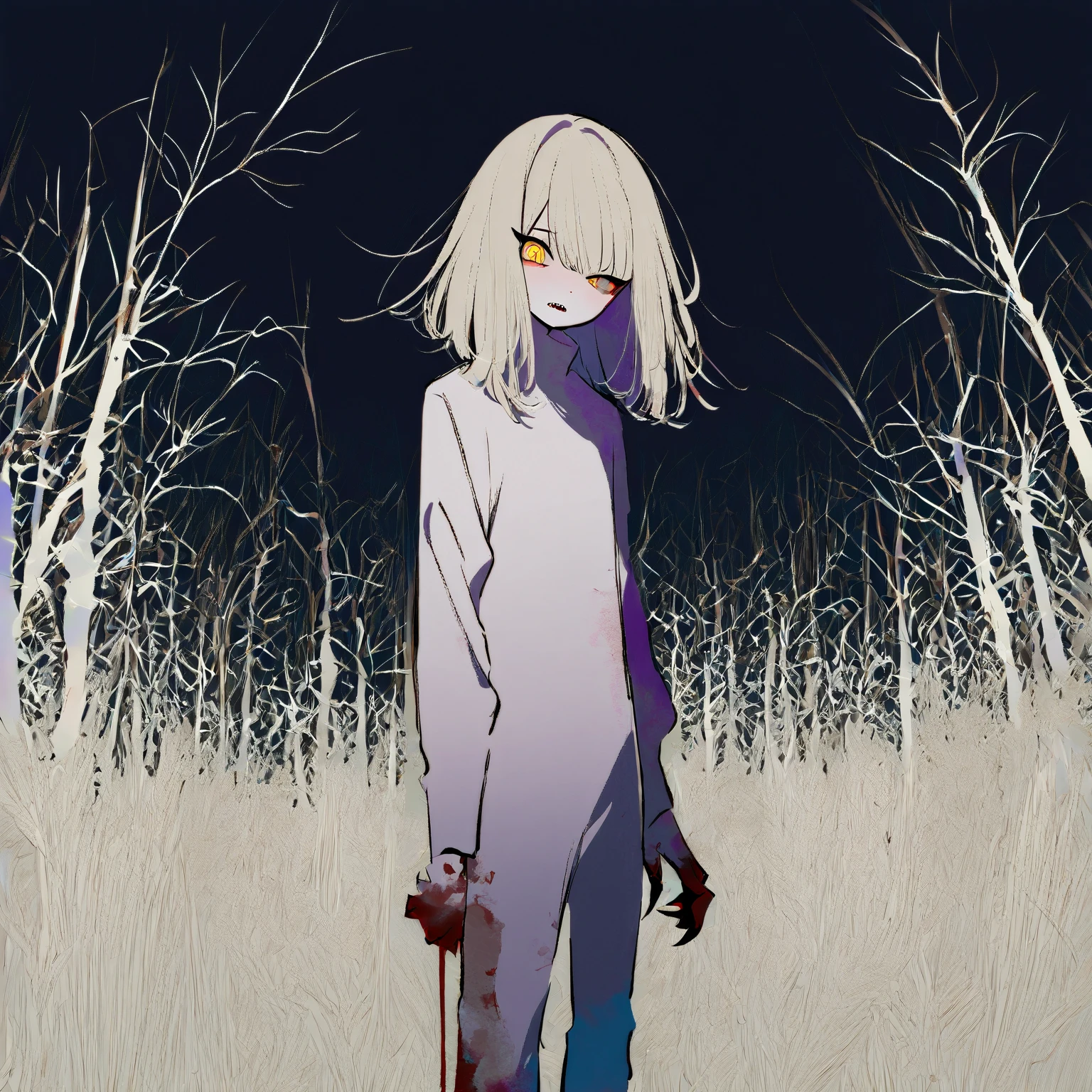 ((4 women, of different sizes,((bandages on their breasts, mini skirt, small breasts,((very long black and white hair, black and red eyes, hopeless face)),((standing, 1 arm behind back)),in a haunted forest, at night,