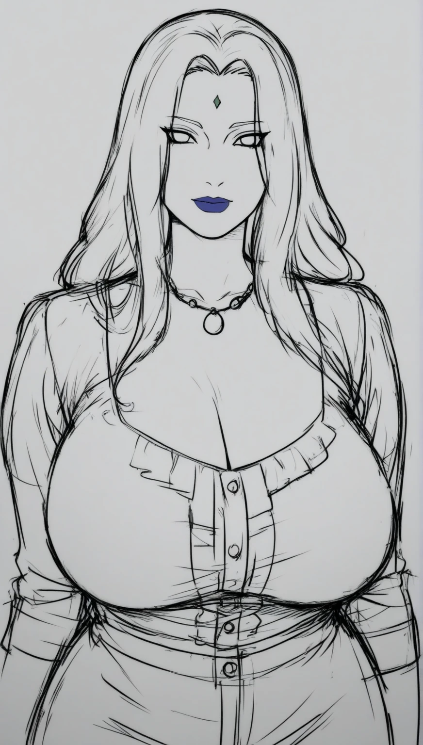 pen_sketch_style, 1girl, solo, ink, detailed face, puffy lips, gothic make up, beautiful woman, sketch, gigantic breasts, frilled dress, cleavage, seductive smile