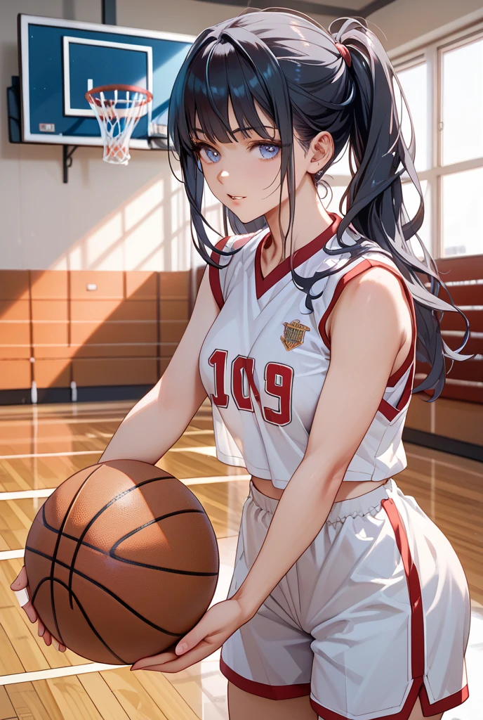 hyuuga hanabi, long hair tied low, hair band, hana purple eyes, ponytail, beautiful, beautiful woman, perfect body, perfect breasts, wearing a basketball jersey, on the basketball court, holding a basketball, basketball hoop, looking at the audience, little smile, realism, masterpiece, textured skin, super detail, high detail, high quality, best quality, 1080p, 16k