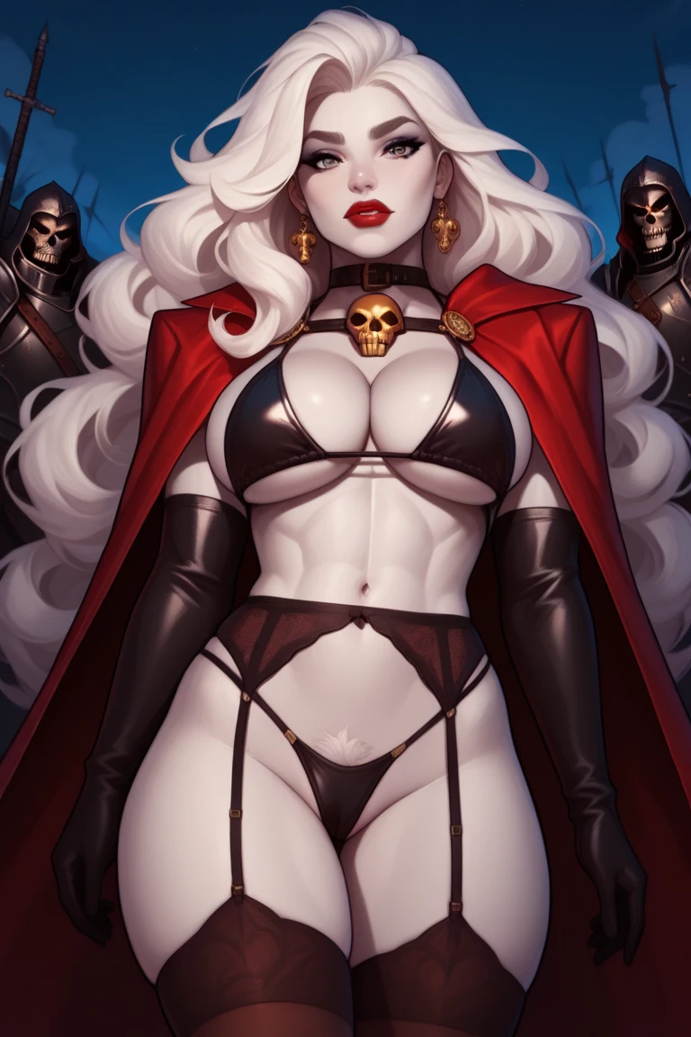 foreshortening,  CARTOON_lady_death_bikini_ownwaifu,.ownwaifu.com, angry, 
mascara, blank_eyes,long hair,breasts,white hair,makeup,colored skin,navel,lipstick,large breasts,wavy hair,white skin,lips,curly hair,red lips,very long hair,toned, narrow_waist, curvy,pale skin, thick_eyelashes, thick eyebrows, big hair, 
thighhighs,cape,cleavage,jewelry,earrings,garter straps,garter belt,gloves,piercing,red cape,blood,elbow gloves,armor,black legwear,collar,thong,black bikini,skull earrings, highleg, 
 official art,extremely detailed CG unity 8k wallpaper, perfect lighting,Colorful, Bright_Front_face_Lighting,shiny skin, (masterpiece:1.0),(best_quality:1.0), ultra high res,4K,ultra-detailed, photography, 8K, HDR, highres, (absurdres:1.2), Kodak portra 400, film grain, blurry background, (bokeh:1.2), lens flare, (vibrant_color:1.2),professional photograph, (beautiful_face:1.5),