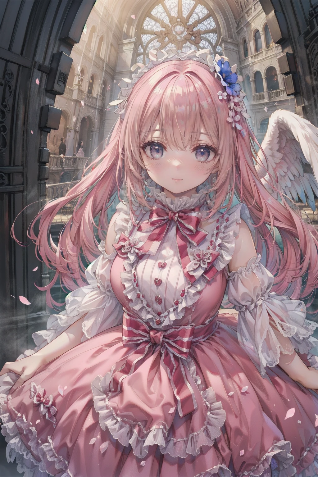 (8k, masutepiece, Best Quality, Official art, beautiful detailed, beautiful lighting, best masterpiece in history that exceeds limits), (1 Girl, solo), (sixteen years old), (beautiful detailed face), (shiny white skin), (Beautiful big bust, cleavage:1.2), (Beautiful detailed pink twintails hair, Bangs:1.3), (beautiful detailed drooping pink eyes:1.5), (interlacing fingers:1.5), (Beautiful Luxurious blue Princess Dresses, See-through intricate lace, cute bow ribbon, a lot of see-through frill, sheer chiffon material, silver thread, Diamond, pearl, corset), (Beautiful Luxurious Diamonds Tiara), (Beautiful detailed fantastic angel wings:1.3), (Attractive, Look at the camera, cute pose, looking up), breathtaking scenery, (ultra detailed beautiful church, Stained glass),