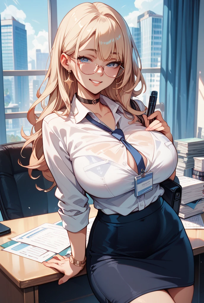 one-girl，little breast，Off-the-shoulder attire，cleavage，sportrait，upperbody closeup，office room，file bag，Business suit，is shy，Be red in the face，office desk，blackstockings
