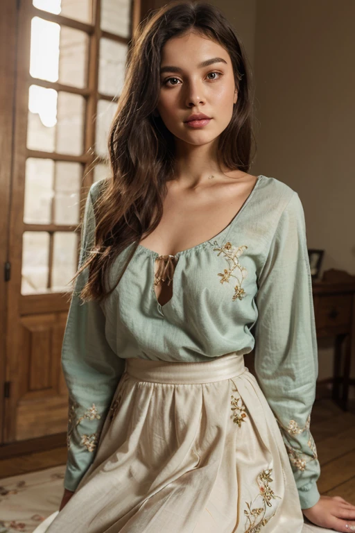 Aqua green blouse with mustard-coloured butterfly print and pink lace