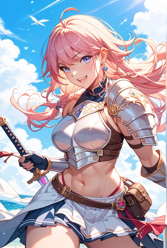 anime girl, long hair, pink hair, blue eyes, pink dress armor, smiling, sword and shield, big breasts, boots, belt on leg, exposed belly