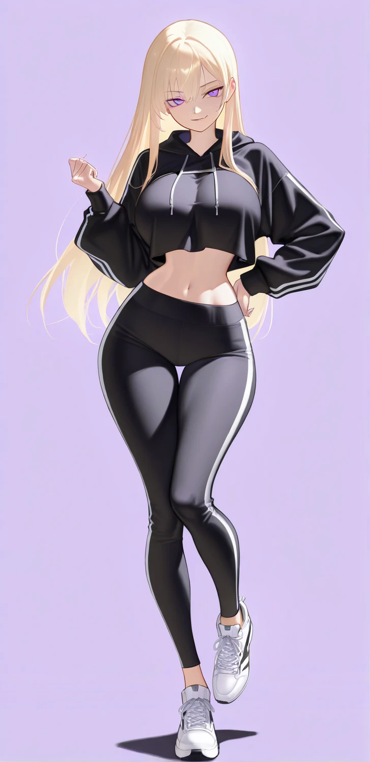 adult woman, cute, teal eyes, smile, stylized, cute smile, very long blonde hair, thin eyebrows, slight freckles, anatomically correct, masterpiece, best high quality, ultra details, ((top quality)), ((masterpiece)) (detailed), cinematic lighting, complex, high detail, sharp focus, huge breasts, Best proportions Four fingers and one thumb, adult, (27 years old), standing, athletic, thick thighs, slim waist, thin waist, soft waist, curvy, curved thighs, thick, wide buttocks, slightly muscular arms, big thighs, black beanie, yoga pants , ( Nike Hoodie), skater woman, adult (( torn clothes of nipples nike hoodle))