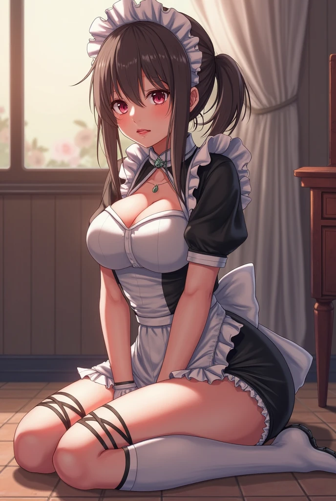 masterpiece, best quality, highres, aachizuru, long hair, one side up, maid, maid headdress, apron, black dress, skirt hold, angry, garden, squatting,open legs,spread legs,miniskirt,(((lift skirt,lace panties))),thighhighs,cleavage cutout