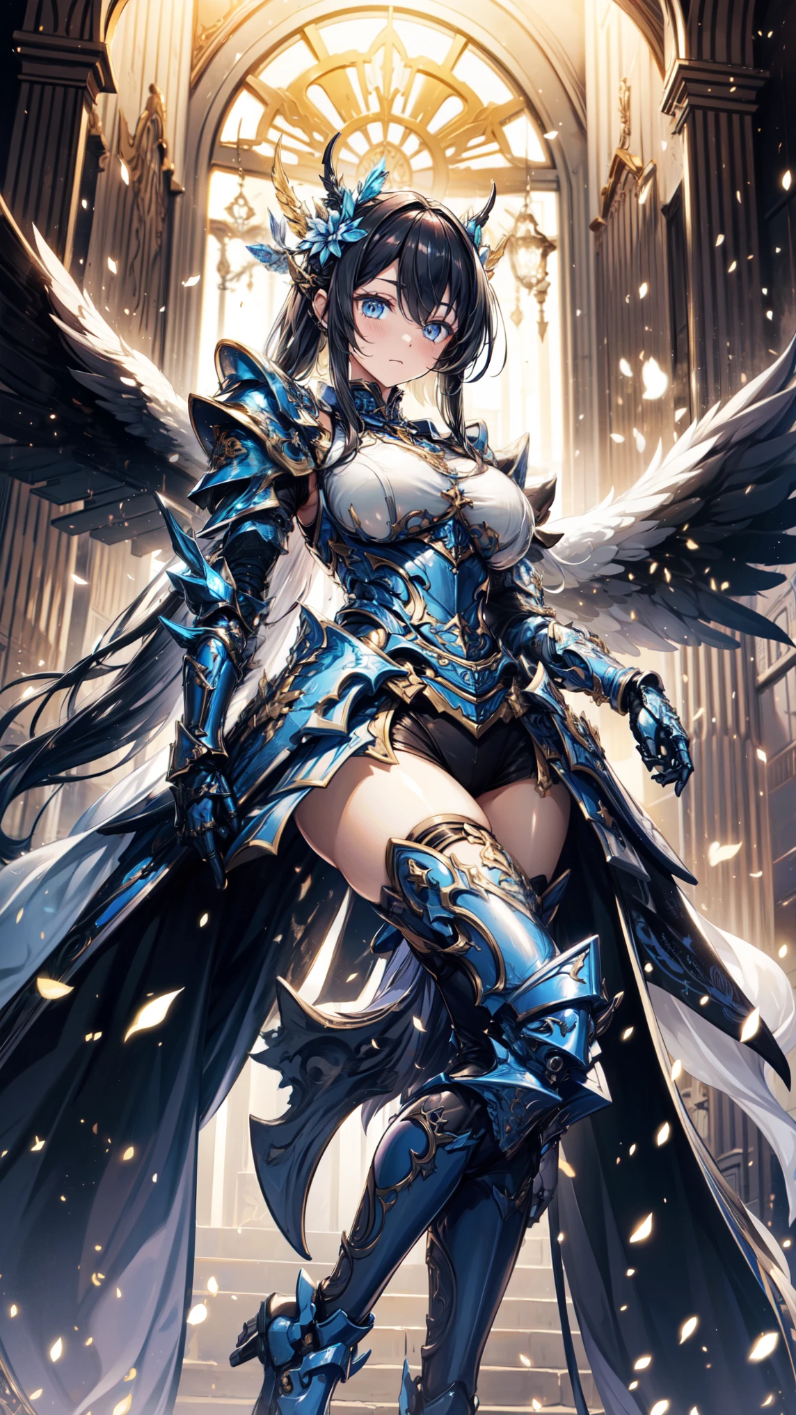 Young demigoddess, long black hair with rainbow highlights, golden eyes, armored dress, battle dress, snowy forest, large single black wing, battle spear in her hand, tanned skin, rainbow hair strands, hair over one side, glowing eyes, volumetric lighting, intricate details, rainbow hair, big wing, front picture, tanned skin, great chest plate, arrogant, front ligh, arrogant expression, black hair with rainbow highlights, battle dress closed, arrogance, light brown skin, arrogant girl, light dark skin