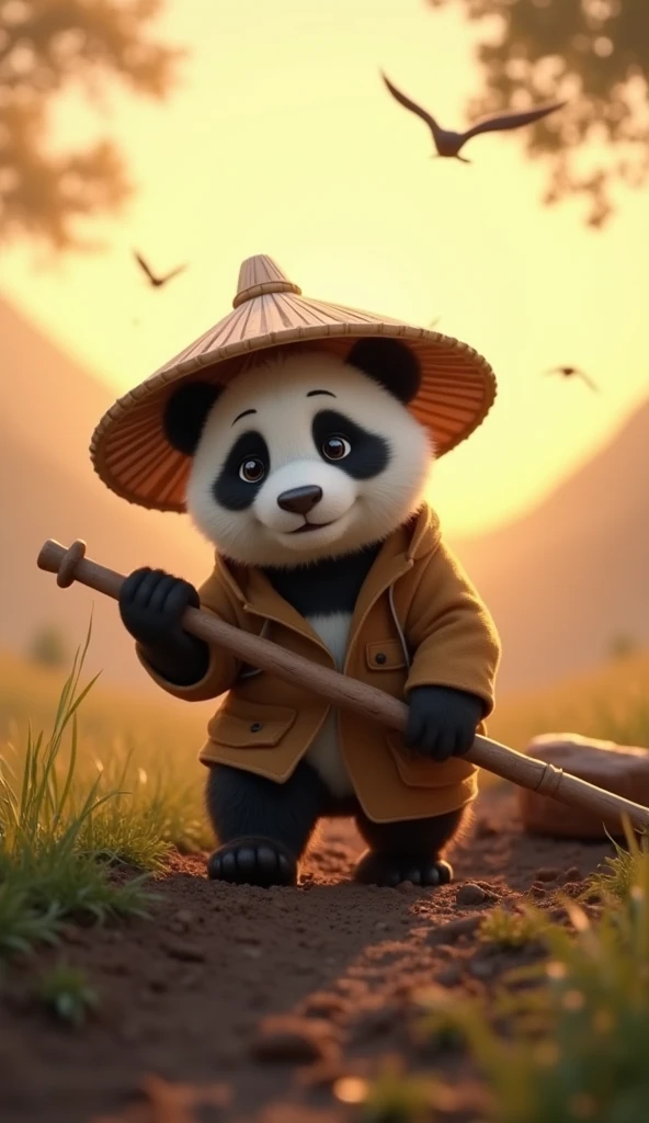 A chubby, cute panda walking down a serene riverbank with a fishing rod on its shoulder. The panda is smiling with excitement, surrounded by lush green bamboo and sparkling water under a warm afternoon sun