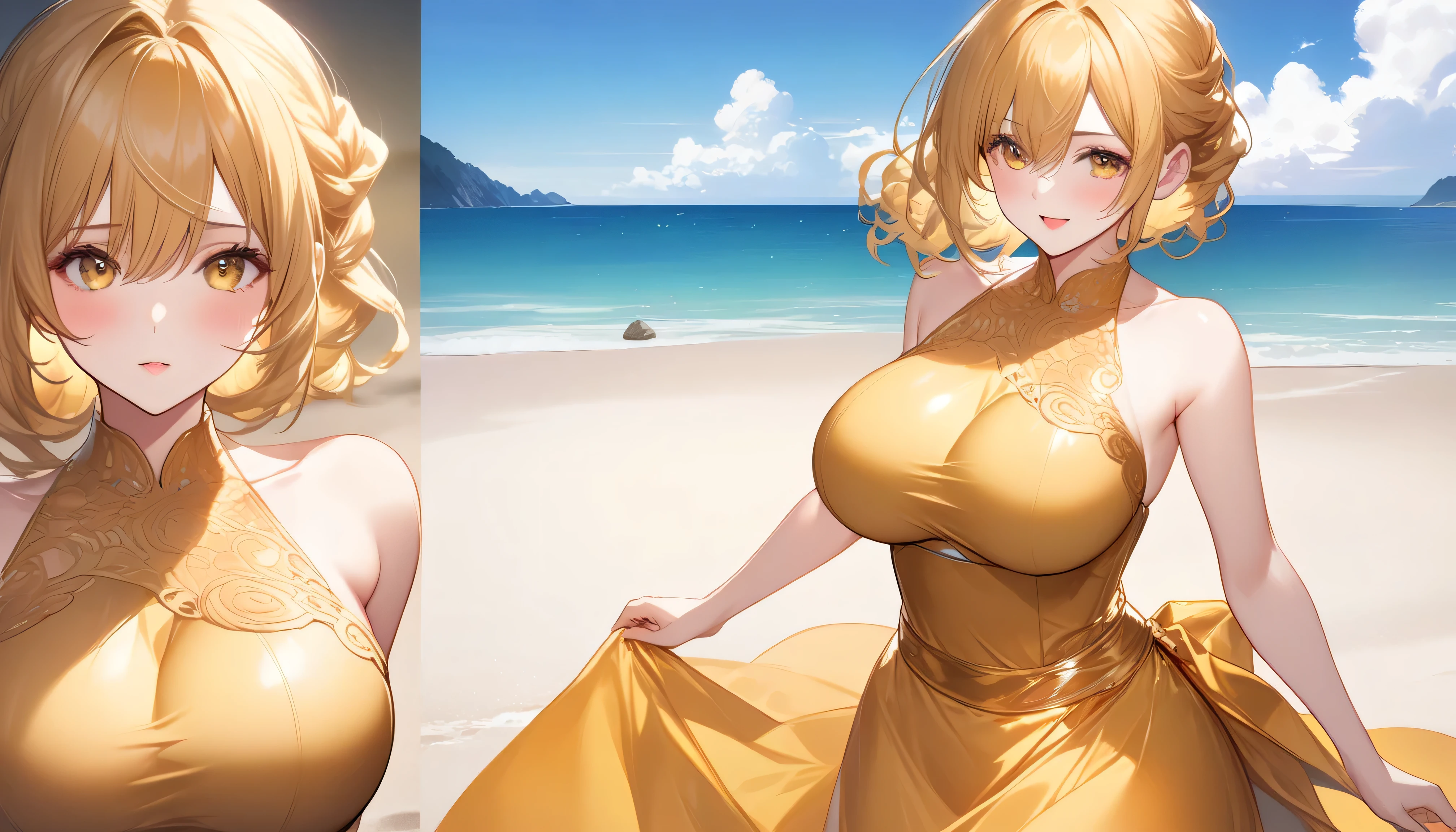 (masterpiece:1.5),(bestquality),highlydetailed,ultra-detailed, mature female, milf, mature, blonde hair, wavy hair with big curls, long hair, ample bosom, blindfolded, alluring, French woman, (huge-tits:1.4), shiny gold dress