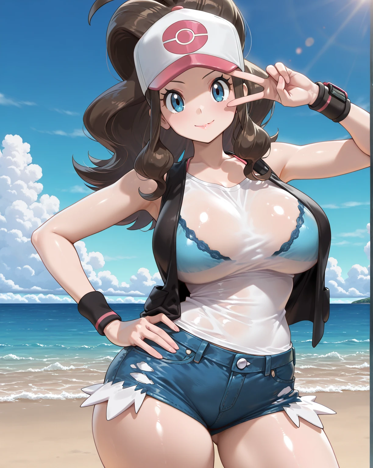 ((Melhor qualidade)), ((altamente detalhado)), rosto detalhado, rosto bonito, , (1 garota), Sozinho, dynamic pose, corpo todo, ((plano amplo)), hilda (Pokémon), rabo de cavalo, bloqueios laterais, olhos azuis, quadris largos, sorridente, boné de baseball, camisa branca, vest, sem mangas, shorts, pulseira, (ao ar livre, em uma cachoeira, alvorecer, hurricane), thunder thighs, fat thighs, big breasts, mommy breasts, fat girl, botas de coturno