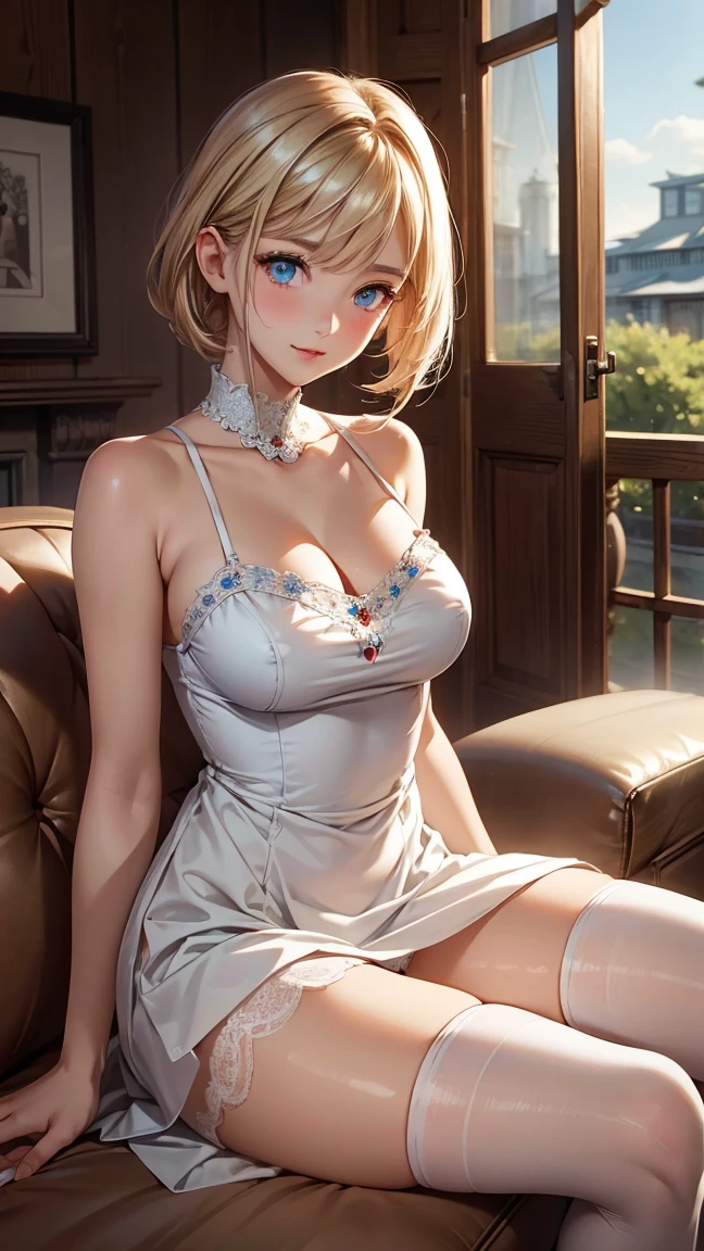 (masterpiece),(best quality),(ultra-detailed), (full body:1.2),
1girl,chibi,cute, smile,
white Bob haircut, red eyes, earring,
white shirt,black skirt, lace legwear,
(sitting on red sofa),
seductive posture, smile,
A sleek black coffee table sits in front of the sofa and a few decorative items are placed on the shelves,
(beautiful detailed face), (beautiful detailed eyes),