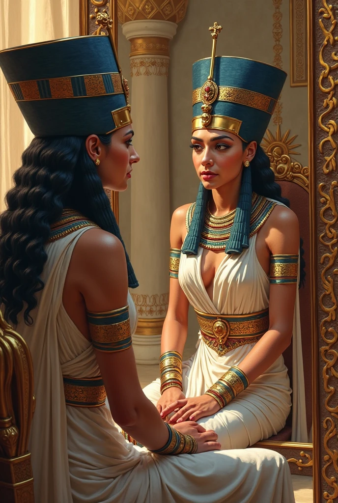 1 Egyptian queen Cleopatra, with classic crown, and luxurious Egyptian clothing, with jewelry. white skin color, de corpo inteiro, Egyptian makeup