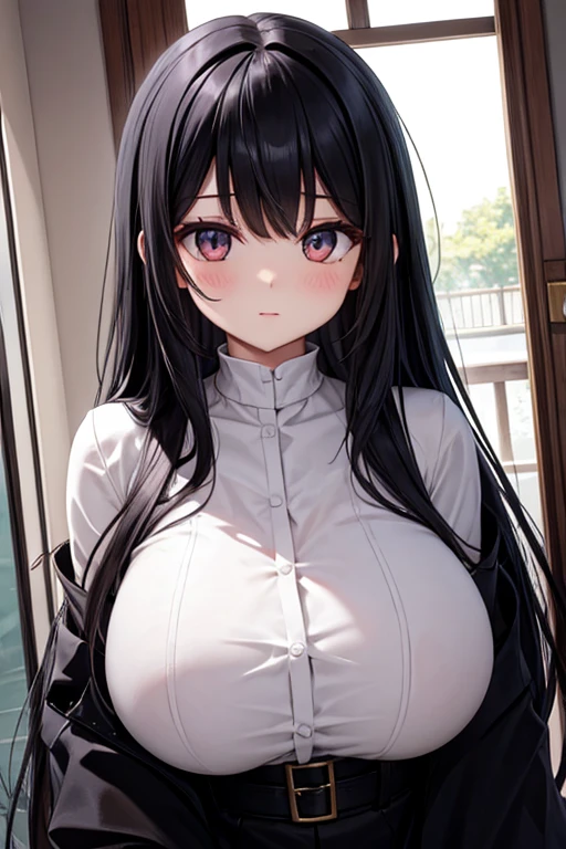 Adult woman with long straight black hair and huge breasts,white open collar shirt,white underwear,Black tights,Standing,indoor