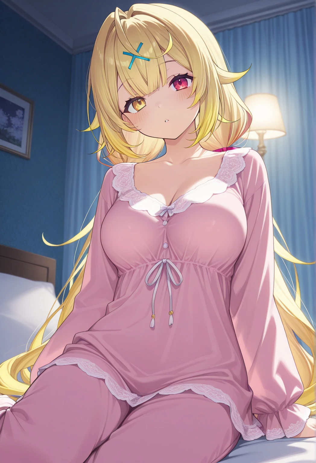 Mahiru shiina, , blonde, (Yellow Eyes:1.3)、Braided long hair,,blush,smile,night、Beautiful views, Attractive thighs、Beautiful bare legs, Wearing sexy pajamas、Show off your breasts and seduce、Full chest、I can see your chest、Expose your breasts、You can see Pantastar's work..:1.2), highest quality, High resolution, unity 8k wallpaper, (shape:0.8), (Beautiful and beautiful eyes:1.6), Highly detailed face, Perfect lighting, Extremely detailed CG, (Perfect hands, Perfect Anatomy),