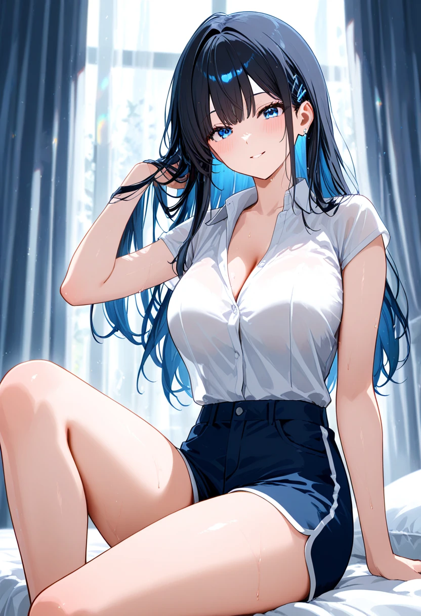 naked shirt,<lora:naked_shirt_v1.0:0.8>, from below, cowboy shot,wall, ,red eyes, smile, open clothes,cleavage, striped panties,  <lora:long_Island_v1.0:0.7>,long_island\(azur lane\),long_hair,blue_eyes,black hair, headphones,arms behind back, masterpiece, best quality, high contrast,