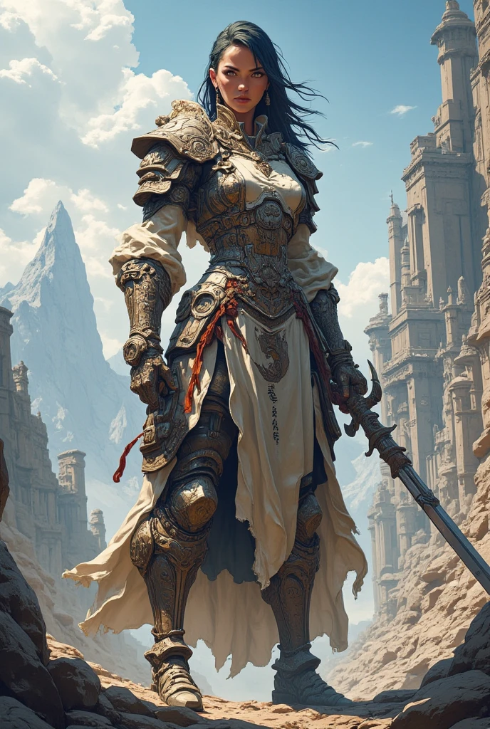 concept art <lora:bronzepunkai2:.55> bronzepunkai, girl, , white robes , outdoors, 3/4 body shot, leg armor, closed helmet