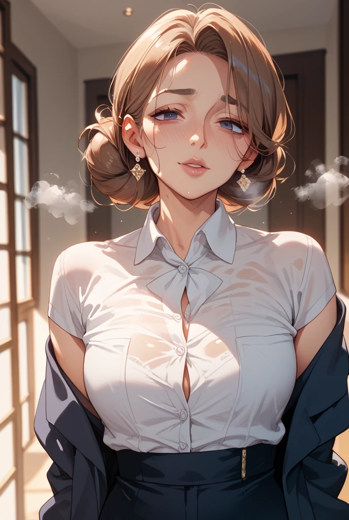 (masterpiece), (best quality), (ultra-detailed), (best illustration), (best shadow), (absurdres), Female, 25 years old, looking at viewer, steam, shy, nose blush, nsfw, medium breasts, nude, o-face, climax, tongue, cum, cum in mouth, 