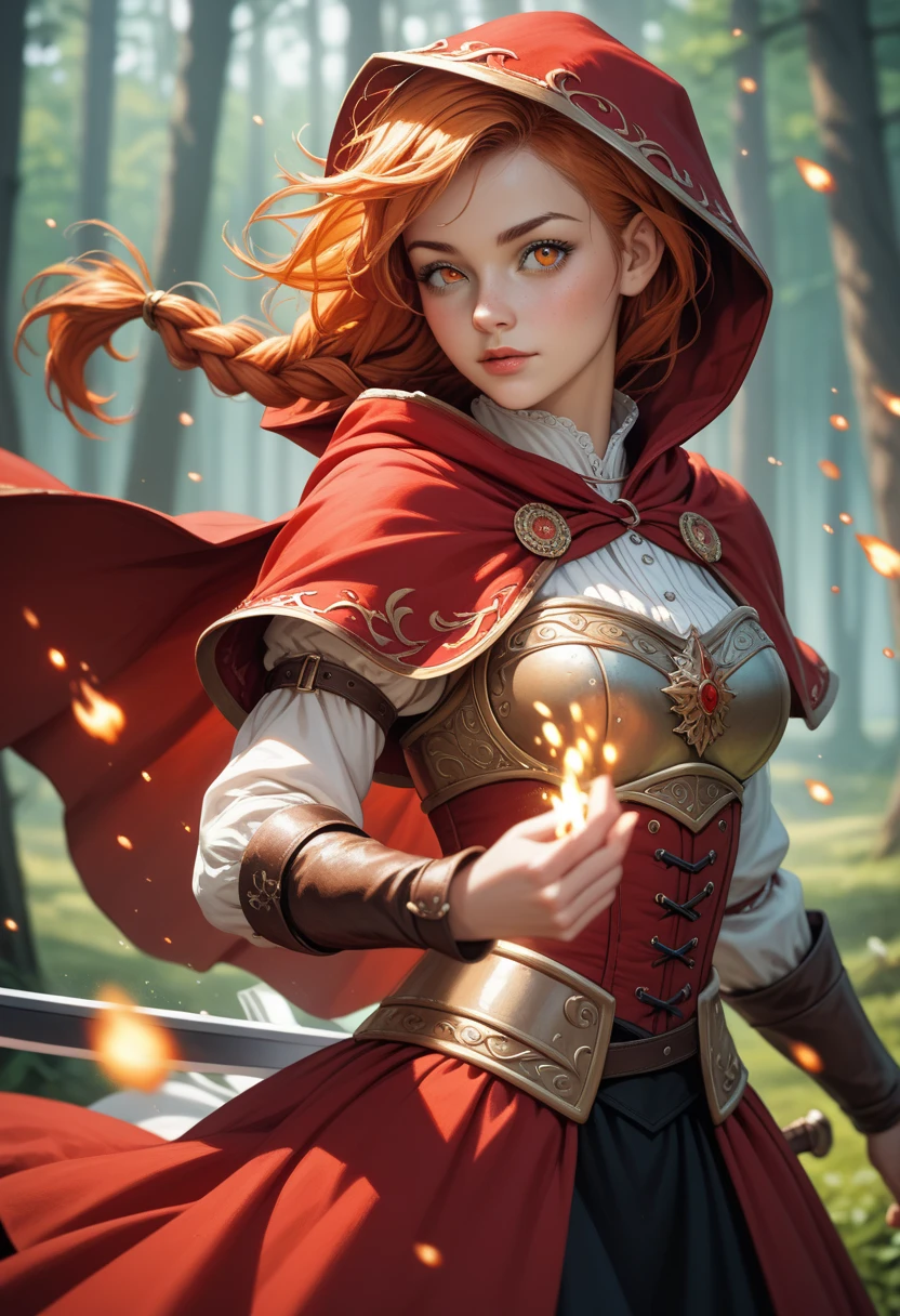 An outstanding beautiful white girl painting, firelight, flame surrounding, fire magic messenger, dota 2 fire girl style, ghost knife style, fire-like hair, long red hair, watery blue big eyes, thin waist, wide hips, mage robes, magic colors, World of Warcraft style, By Blizzard Entertainment, Ultra HD, 8K, real skin texture, best light, best shadow, Lina from dota2, action, wizarding world, Prone view, small mouth, small nose, big eyes, cute, full body, perfect body proportions, enhanced contrast, fire dragon as background, void fragments