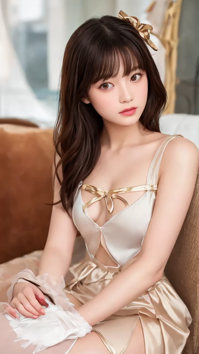 masutepiece、masutepiece、ultra-definition、accurate depiction、extremely high detail、8K picture quality、one girls、(18 year old pretty woman、18year old)、small head、Cute face、a blond、half up、Blue eyes、perfect glossy skin、((tre anatomically correct))、Perfect body:1.1、high-level image quality、masterpiece、Look at viewers、(White princess dress、Golden flower embroidery)、sexypose、Small breasts、the royal palace、Large stained glass windows、Enveloping her presence with delicate particles、Soft light、divine atmosphere、Photoreal Stick