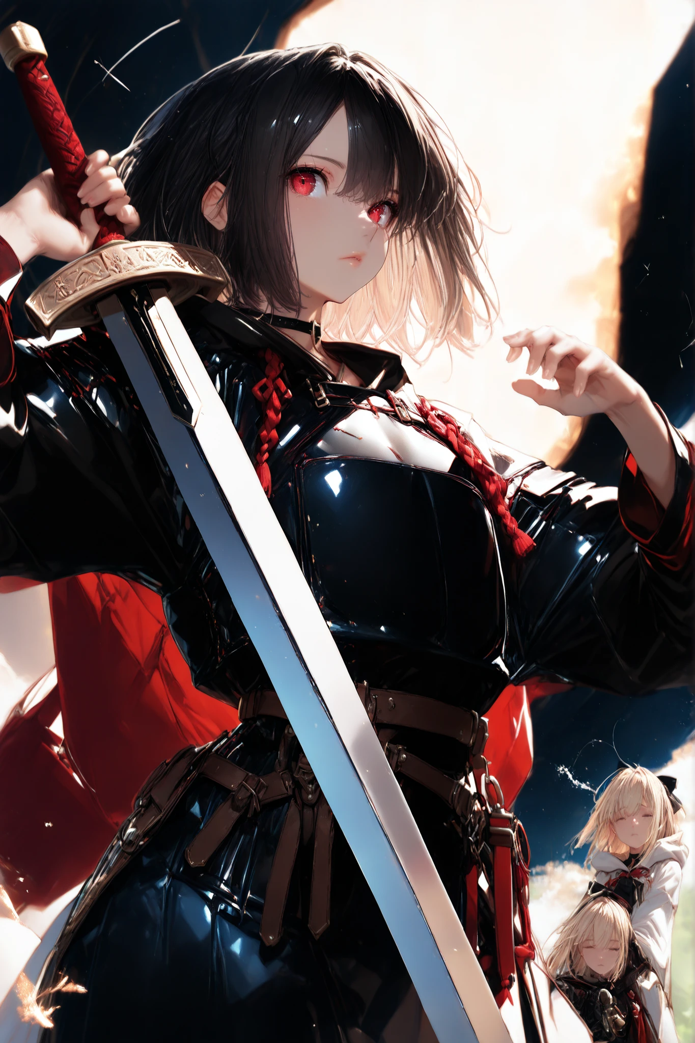 Female Warrior,Powerful, giant sword,Fair skinned and expressive, A calm yet intense expression, Somewhere melancholy、or exudes quiet strength. the background is softly illuminated , There is just a spiritual atmosphere in the air in the air,,, (masterpiece, top quality, great quality, Detailed Background, complicated details,complicated,very high resolution, Very Aesthetic,Newest:1.2)