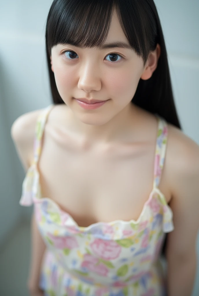 10yo, slender girl, (make up:1.1), (white short camisole:1.2), small breasts, at school room, (upper body shot:1.1), cowboy shot
