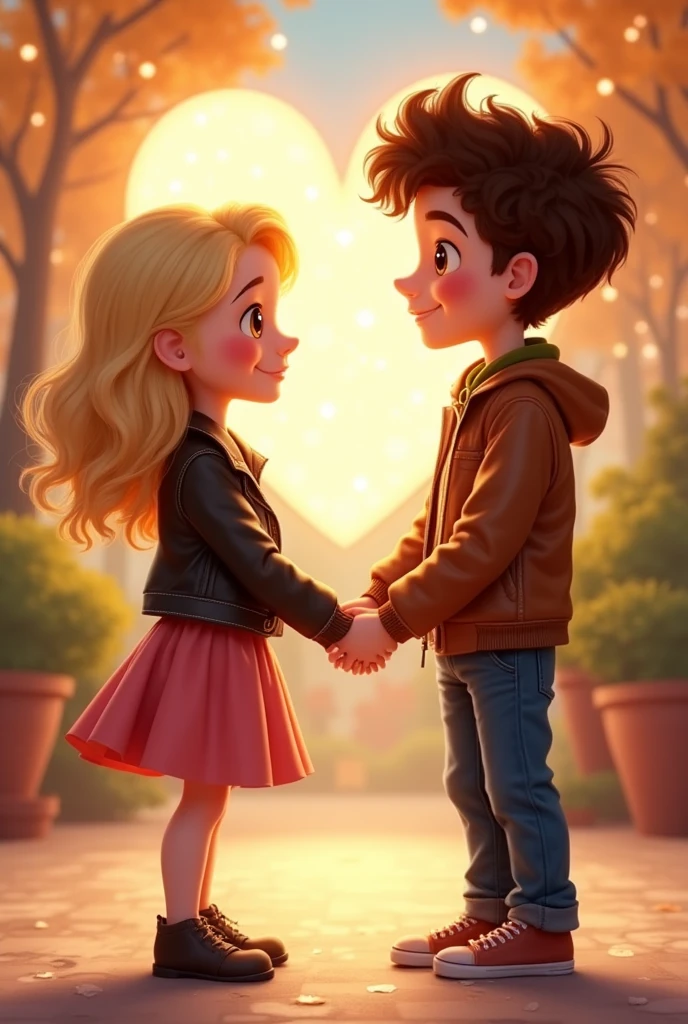 Can you make a Disney Pixar 3d photo with two people one of them is a boy with a short black hair,brown eyes and the other one is a blonde long straight haired girl with brown eyes and make the two of them hold hands