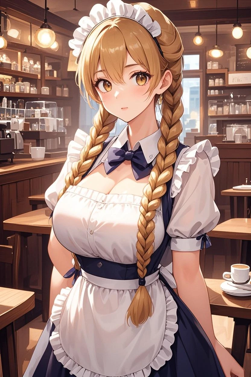 A woman in a waitress costume poses for a photo, Photorealistic perfect body,Good young girl, Boob proportions,solo、Blonde underhand braids、