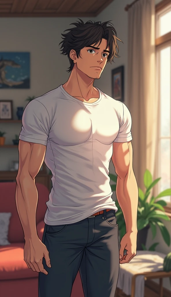 最high quality、Best image quality、masterpiece、male((20-year-old、Stubble,No sleeve、White T-shirt、Blue denim trouseraking coffee、Messy Hair、Muscle chamber、smile)),high quality、Beautiful art、background((one's home))、Flight、Flying debris、Written boundary depth、movie、Visual Arts、Perfect art、8K,Genuine、