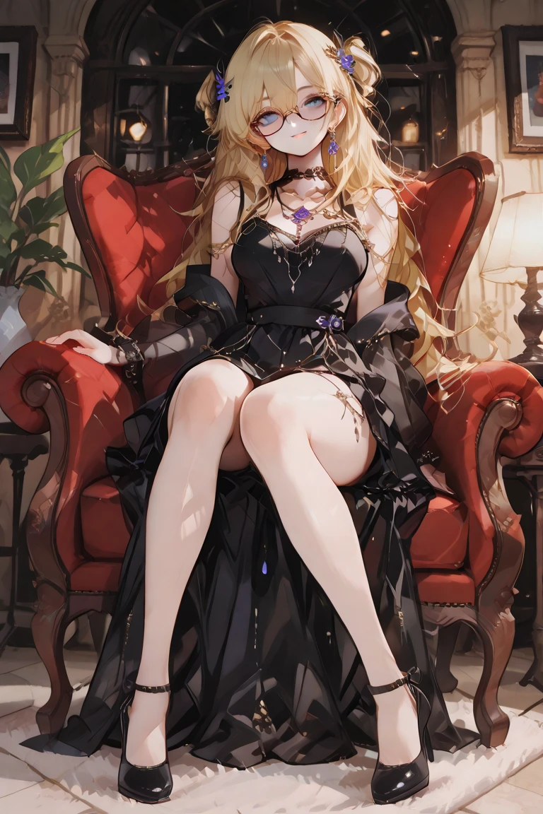 masterpiece,highres, high quality, 1girl, solo, Marin kitagawa, cosplay, long hair, blonde hair,  gothic dress, goth makeup, breasts, nipple, breasts out, chair, sitting, look fluffy and loveless, eyeshadows goth, fishnet pants, boots