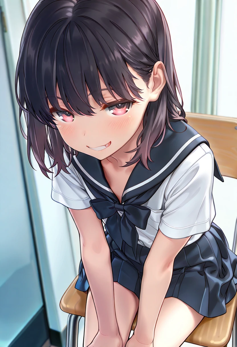 looking ahead,from above,Kneeling,handjob,side view,face focus,open mouth,tongue out,cum on tongue,Licking a white dildo,(1girl,Beautiful 14 year old girl),((Slender,Small breasts,Baby Face,Small face,)),looking at viewer,Black Hair,bangs,two side up,Gray Eyes,Drooping eyes,slit pupils,narrow eyes,,Short sleeve shirt,Red tie,Navy blue mini skirt,Navy blue socks,Beautiful and detailed anime art,Mischievous smile,Dimly lit room,Simple Background,Gray background,Low lighting