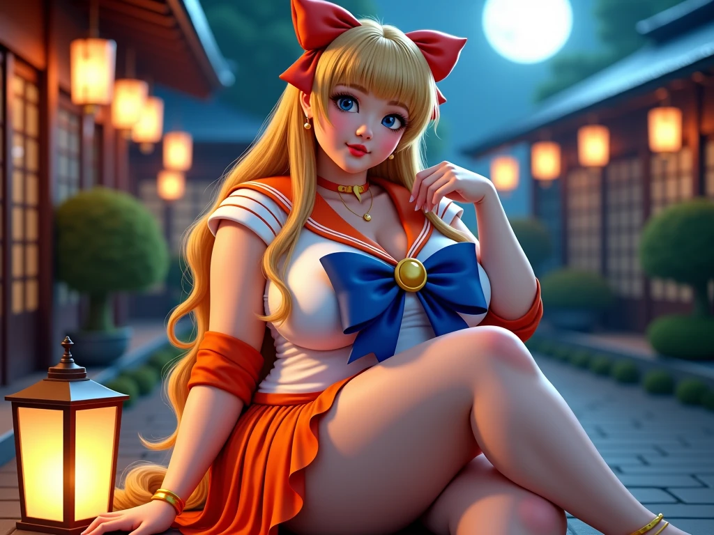 hx, woman, sitting, huge breasts, sailor moon, bench, night, <lora:hexagon_composition_pony_06:0.7>