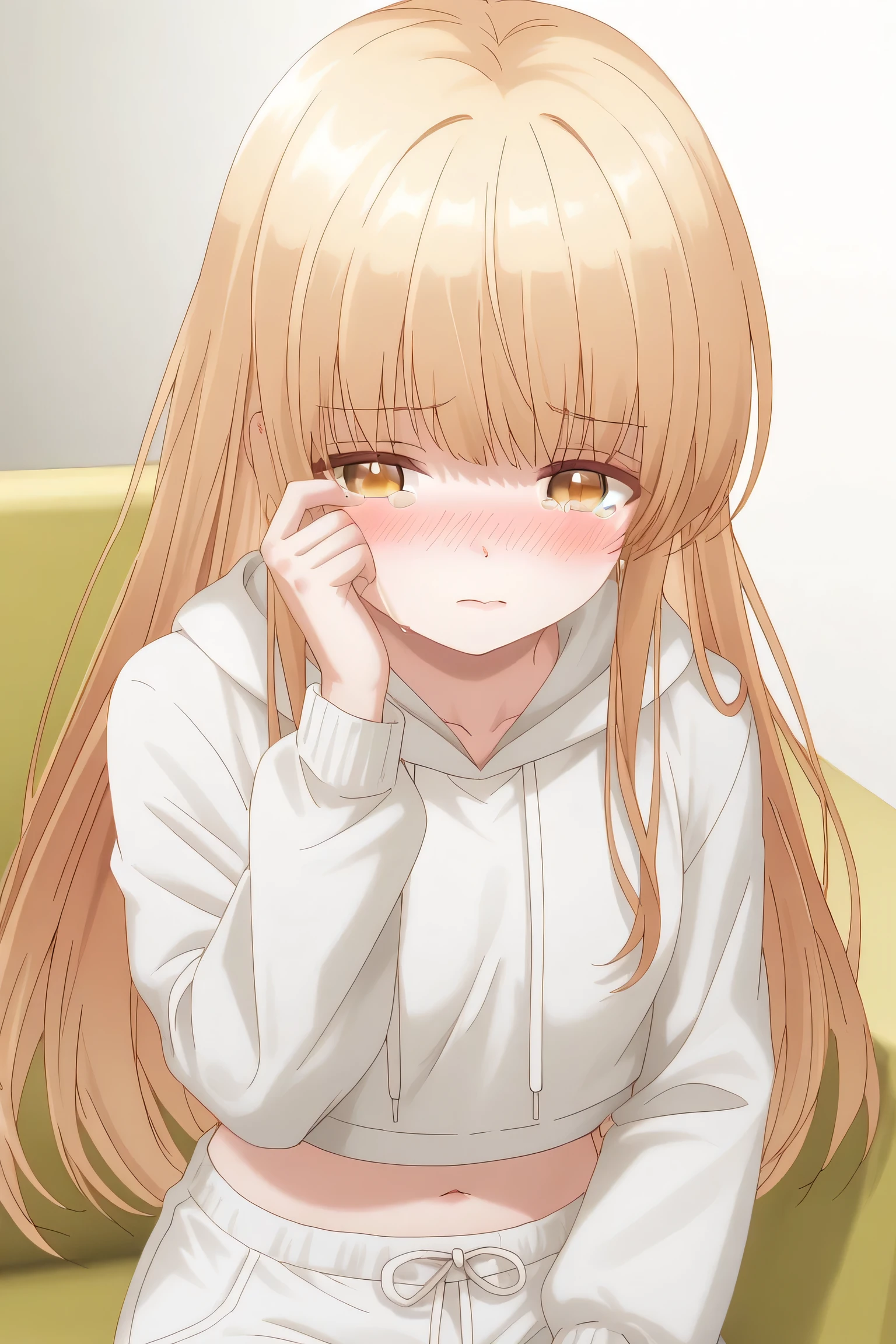 Mahiru Shiina: cropped hoodie, white shorts, Wiping Tears While Blushing