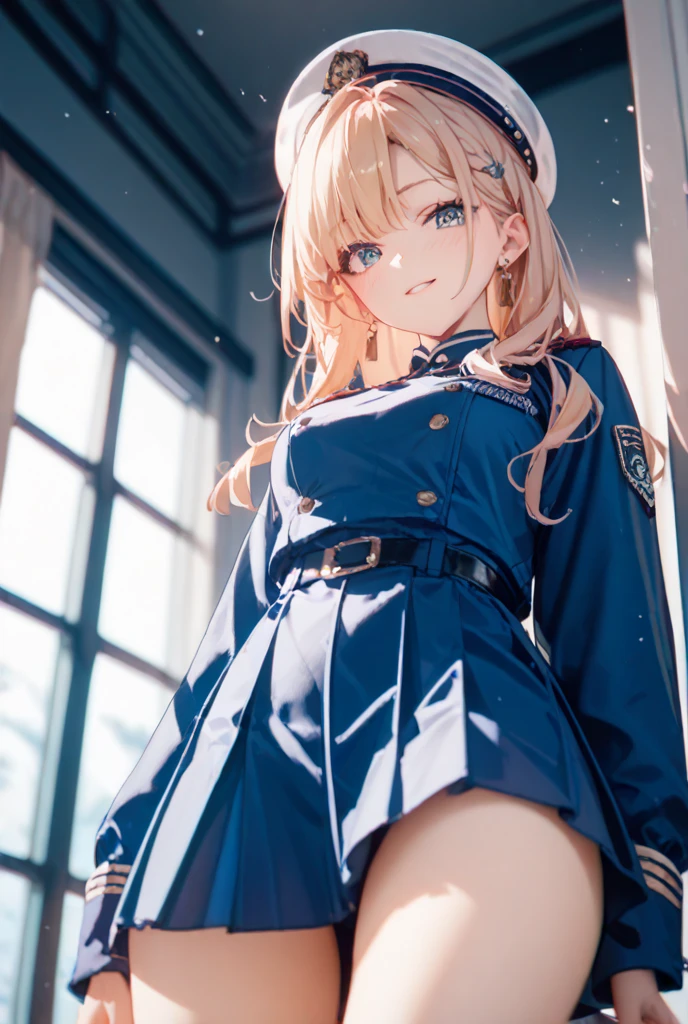 Ak-74m, masterpiece, solo, female, 1girl, 4k, standing, outdoor, night, blue skirt, pantyhose, white shirt, cowboy shot's, Bokeh 4K, looking at viewers 