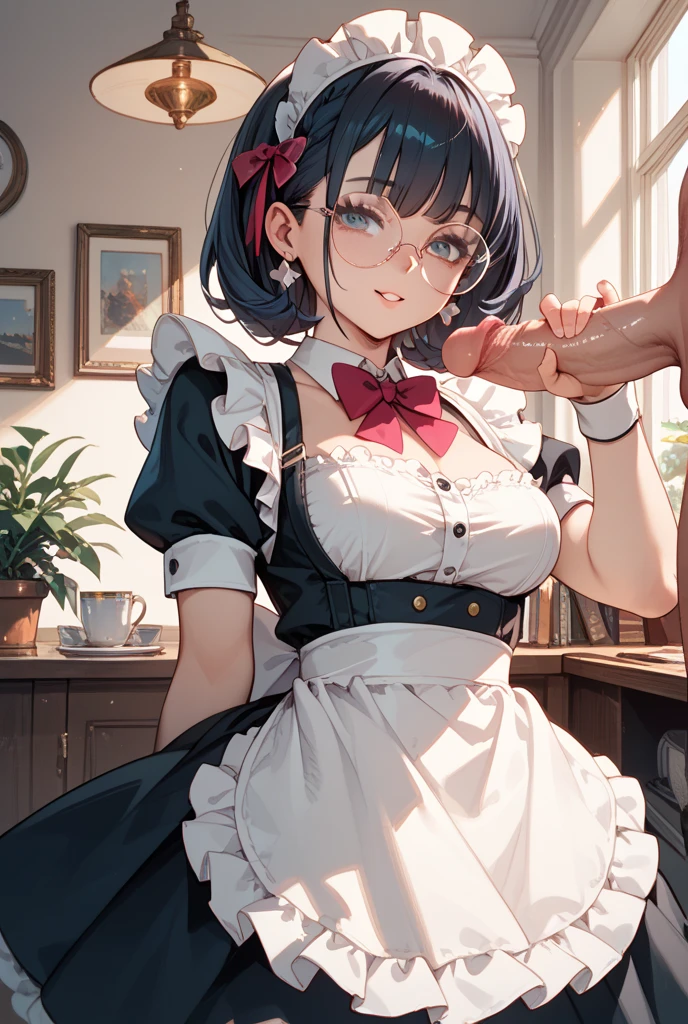 (score_9, score_8_up, score_7_up), 1femboy. 20 year old, 1male with detailed cock out of frame, , thick blue hair, bangs, short twintails, low twintails, flat chest, pretty face, , red eyes, looking up with lust, blushing, exhausted, sweaty skin, sexy pose, light freckles, sexy maid outfit with skirt, squatting on the floor against wall, cock handling, ,cock slumped over girl face, cum on face, cock worship, tongue out, penis on face ,tiny penis, sexy pose, cozy background, sunrise in window, god rays, volumetric lighting, lilandavastyle, OverallDetail, Expressiveh, full body shot