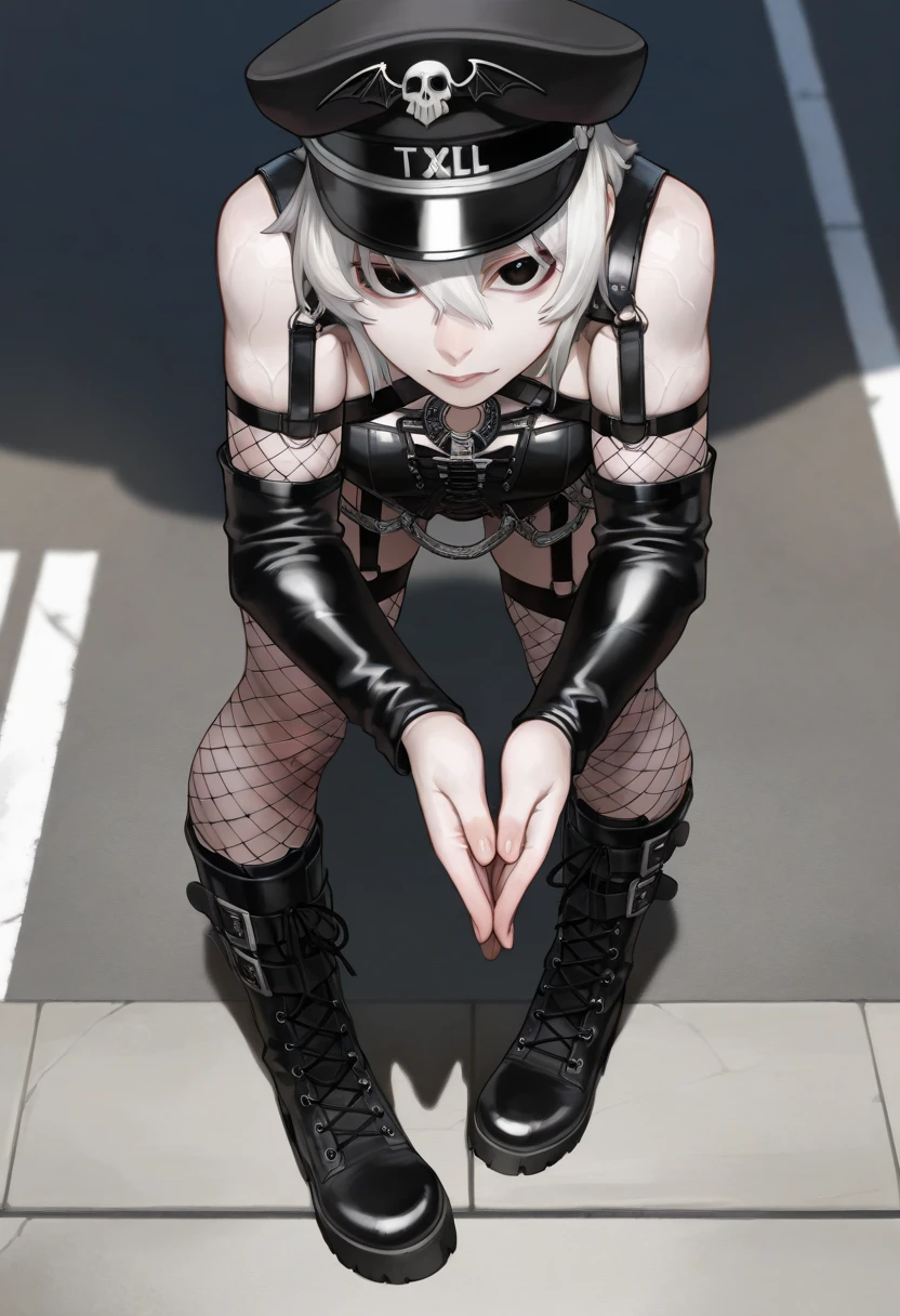 ((foto de corpo inteiro)), ((foto realista) 8k, high resolution,tonificado legs,low angle, athletic, magrelo, tonificado, corpo menor, cintura fina, garota demonio de cabelo curto branco , wearing gothic clothes and platform boots, em estilo anime, make her have gray skin and red eyes, bat wings plus I want her to wear black denim shorts with a leather belt and chains attached to it. I also want her to wear a spiked choker and a leather jacket with a black top. I want her to have black steel gauntlets and be a little muscular