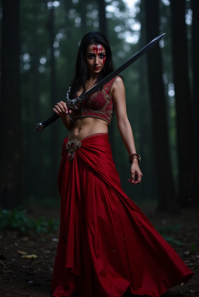 Draw a scene of an Indian chudail, Shahrukh Khan as a female ghost with long hair and inverted feet, in a realistic style,She is flying in the night sky, Haunted Forest, She is wearing a Red sari that flows behind her like a trail of smoke, Her face is beautiful, with sharp teeth and glowing red eyes, She is holding a severed head in one hand and a bloody knife in the other. She is looking for her next victim, who is unaware of her presence, ultra realistic, highly detailed, proper body parts 