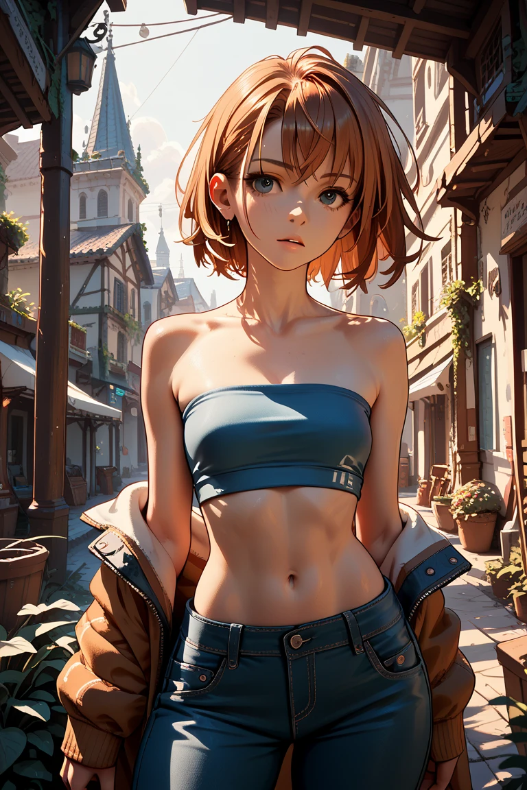 (masterpiece)(8k)(cute)(facial close-up)a 18-year old girl, standing, orange hair, short hair, wild messy hair, flat chest, white bandana, choker necklace, (visible panties:1.3), e-girl, gamer, punk, lime green pupils, eyeliner, cute, happy, horny, (glossy lips:1.2), shiny lips, eyeshadow, night, city street, alleyway, rossdraws pastel, digital wallpaper art, anime 8k style, blurry background