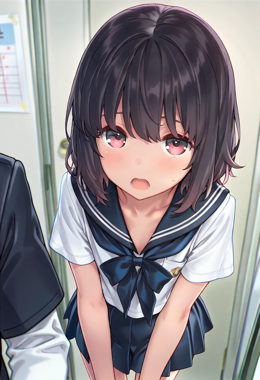 mosaic on genitals,nsfw, (POV oral sex with cum:1.3), (deep throat:1.3), (intense perfect fellatio:1.2), :>=, (1boy, full by:1.2), a pure innocent girl, very cute face, like a idol, blush, (school uniform:1.1), look up at viewer with lovingly gaze, arms behind the back, in front of 1penis with between viewer's legs, (mouth on the viewer's crotch completely:1.3), (perfect keeling under the desk completely, body is perfect into the desk, face come out from under the desk:1.3), (face focus:1.2), (viewer is sitting, bare viewer:1.2), (under the desk with depth:1.3), in own room, viewer's legs in the picture, from above,